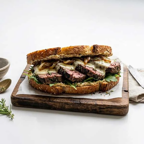 Herb roasted beef loin sandwich with montreal jack cheese